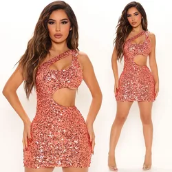 Sexy One Shoulder Sparkly Sequin Dress Women Night Party Hollow Out Sleeveless Mini Dress Elegant Bodycon Christmas Dresses Robe