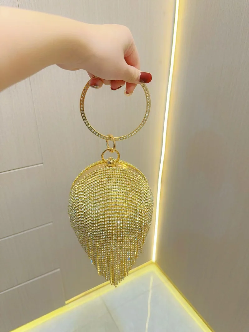 Borsa a sfera circolare con nappe Bling di lusso borsa da sera con strass glitterati borsa a tracolla con pochette per feste di matrimonio