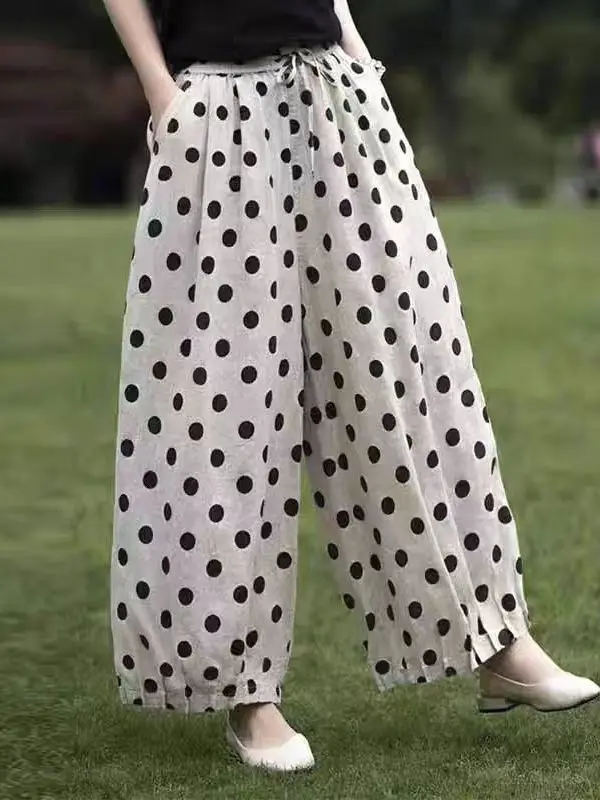 Japanse Sle Polka Dot Print Linnen Wijde Pijpen Broek Vrouwen Zomer Losse Luie Hoge Taille Afslanken Casual Negen Punt Katoen Lijn...