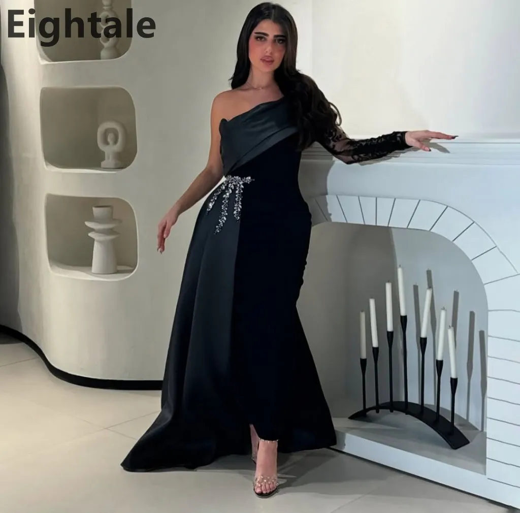 

Eightale 2025 Black Mermaid Satin One Shoulder Beaded Evening Dress Prom Dress Saudi Arabic Party Gown Customized
