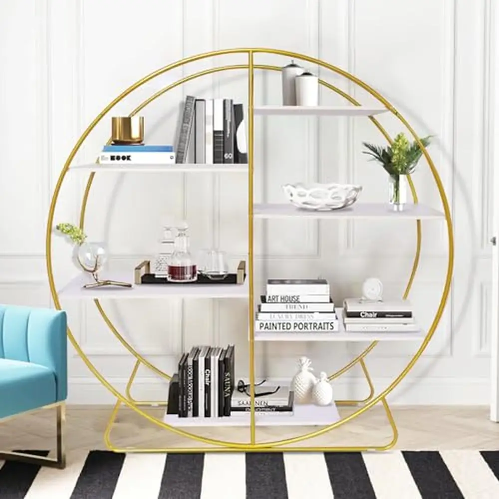 

6-Tier Tall Round Bookcase Display Shelf with Sturdy Metal Frame Spacious and Durable Design Golden Powder Coat Easy-to-Clean