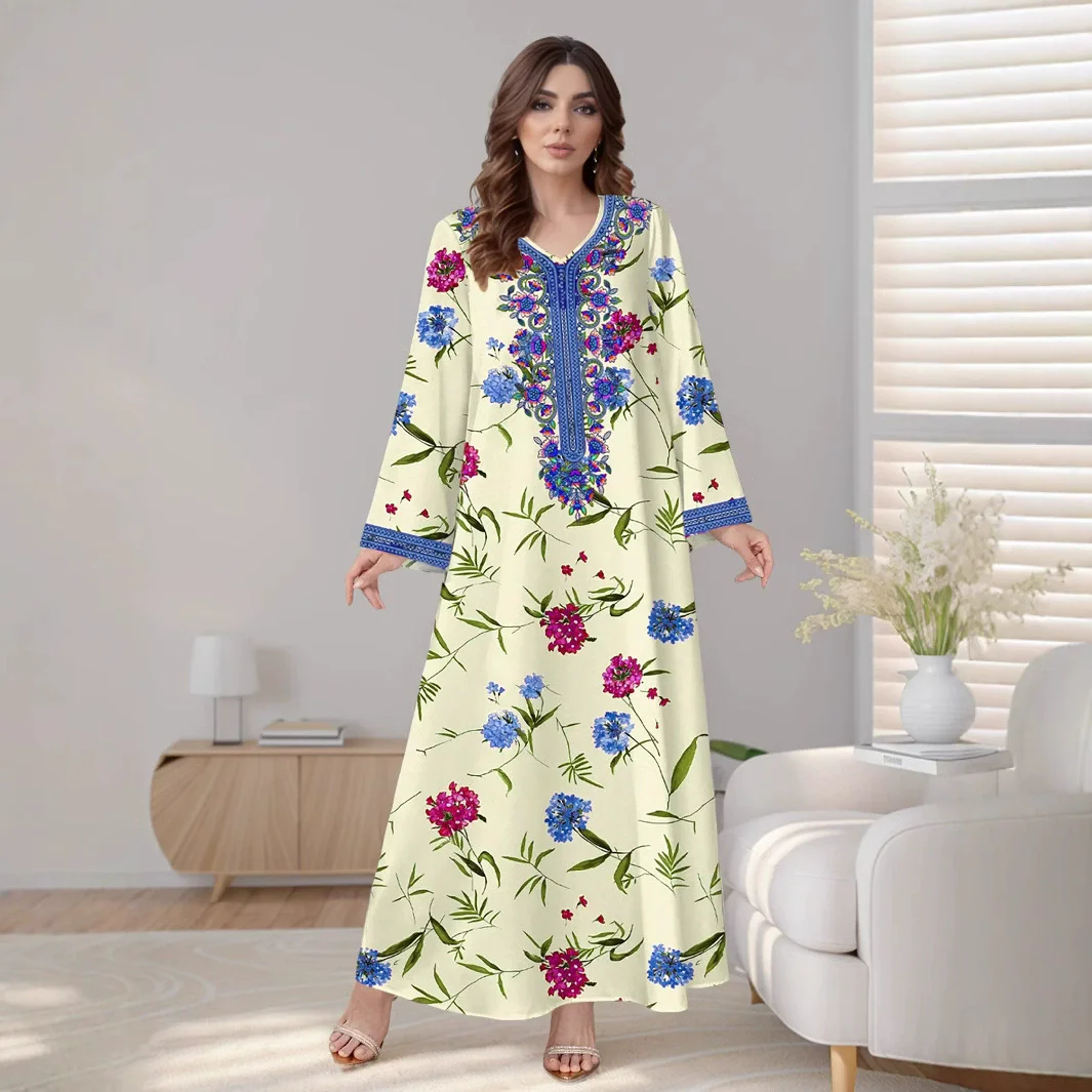 Eid Party Robe musulmane pour femmes Abaya col en V imprimé Floral chaîne taille Maroc robes de soirée caftan arabe longue Robe robes