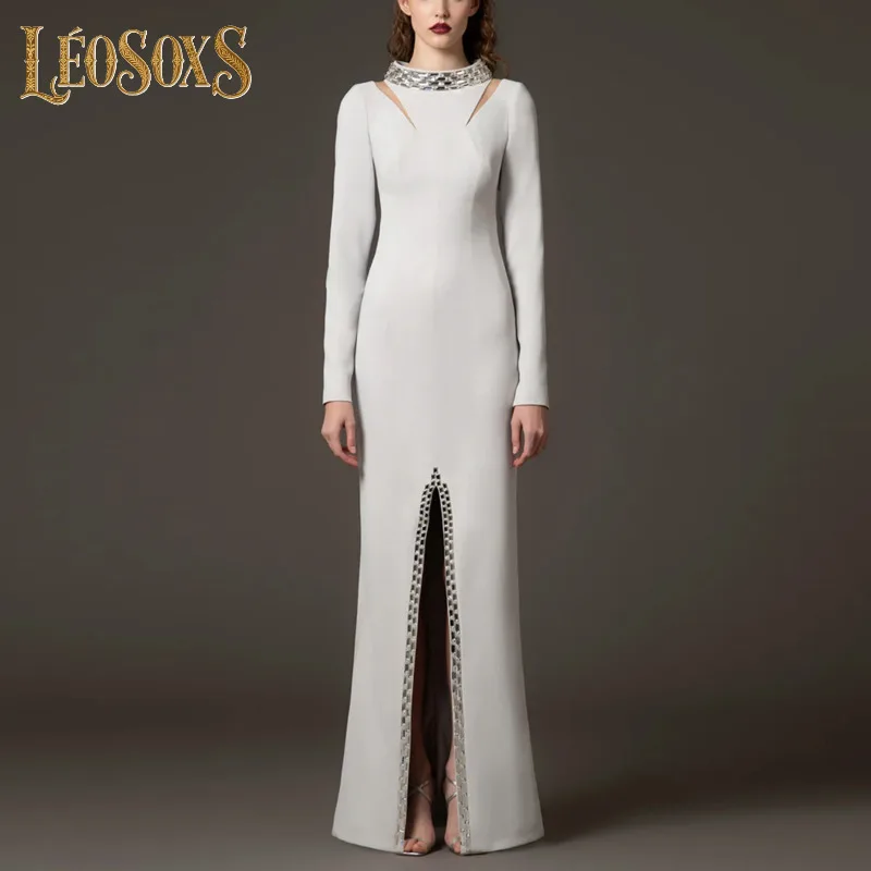 

LEOSOXS Women's Crystal - Accented Long - Sleeve Gown Cutout & High - Slit Design For Sophisticated Formal Events 2025