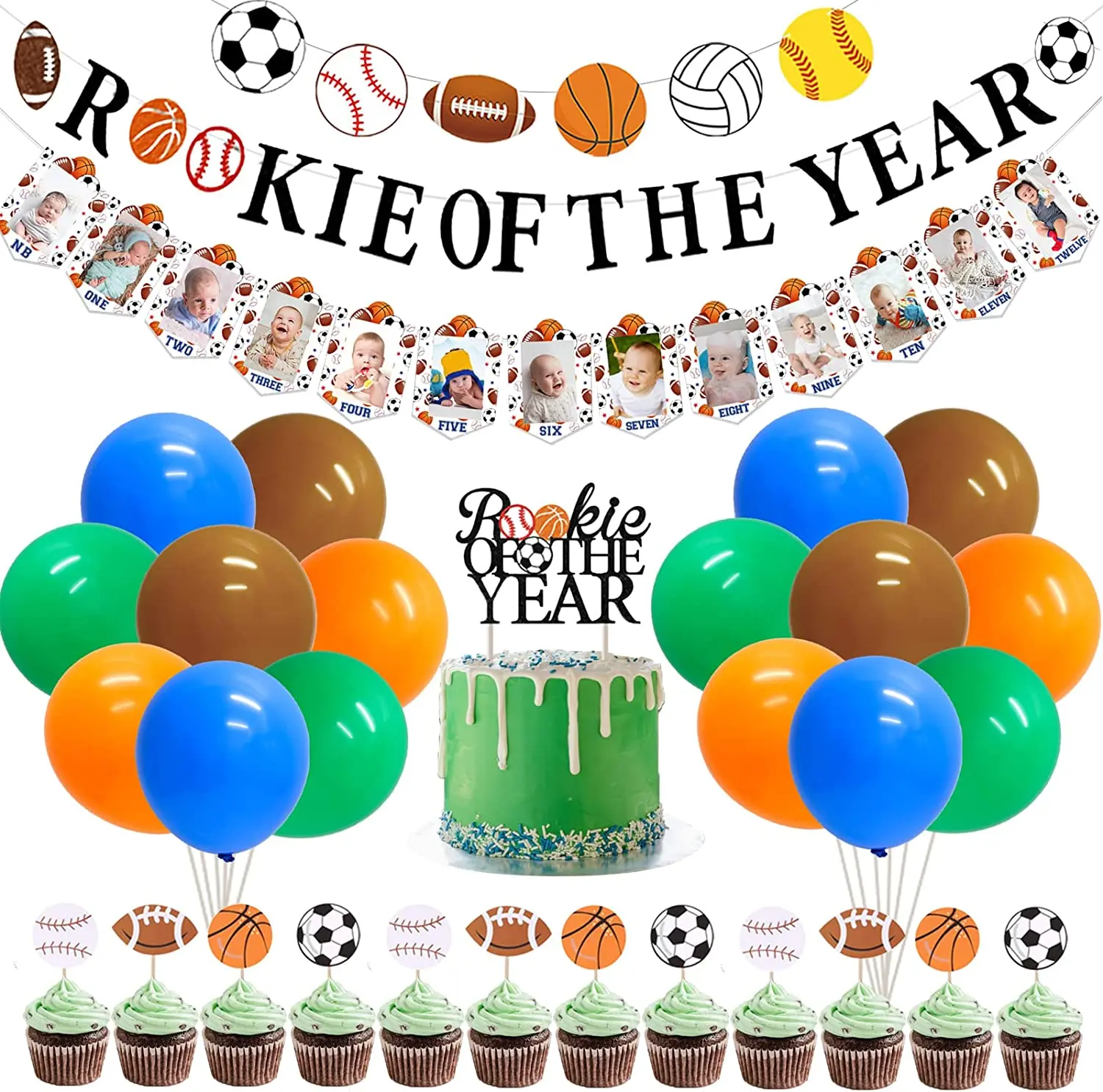 

Sports 1st Birthday Decorations Rookie of The Year Banner Basketball Football Rugby Cake Topper Photo Banner Balloons for Boys