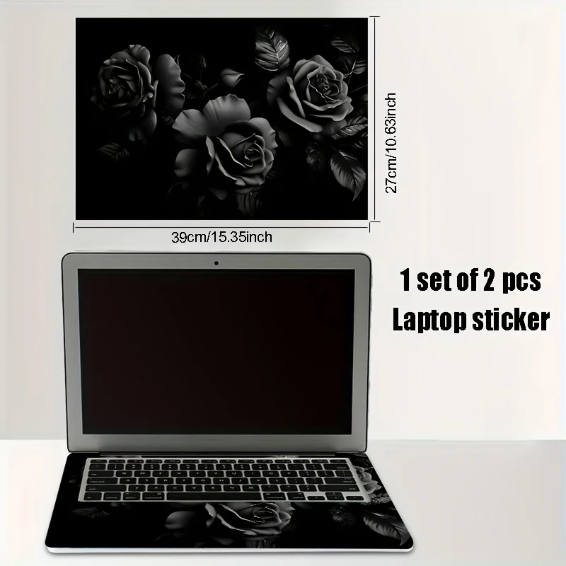 2PC Black Rose - Laptop Sticker Skin, Vinyl Laptop Cover, Floral Design, Suitable for Plastic Metal Surfaces, Scratch Resistant,