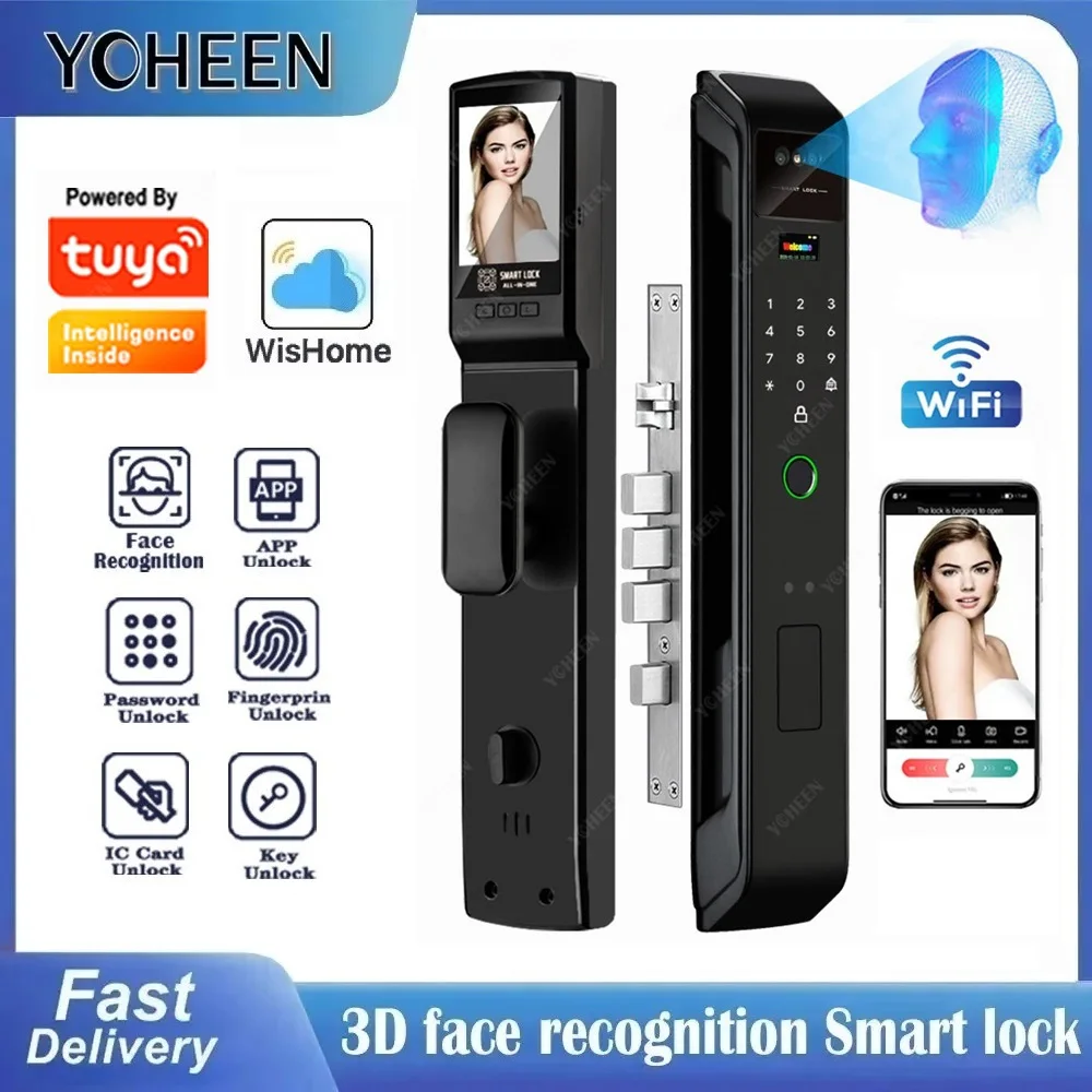 Tuya Or Wishome Wifi APP Camera Digital Electronic Door Lock Face Fingerprint Recognition Card Key Rfid Smart Inteligente Lock