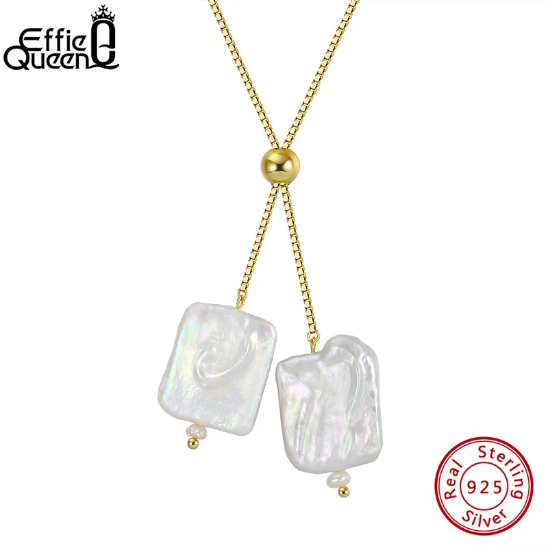 

EFFIE QUEEN Fashion Baroque Pearl Pendant Necklace 925 Sterling Silver Box Chain with Pearls Choker Jewelry Birthday Gift GPN14