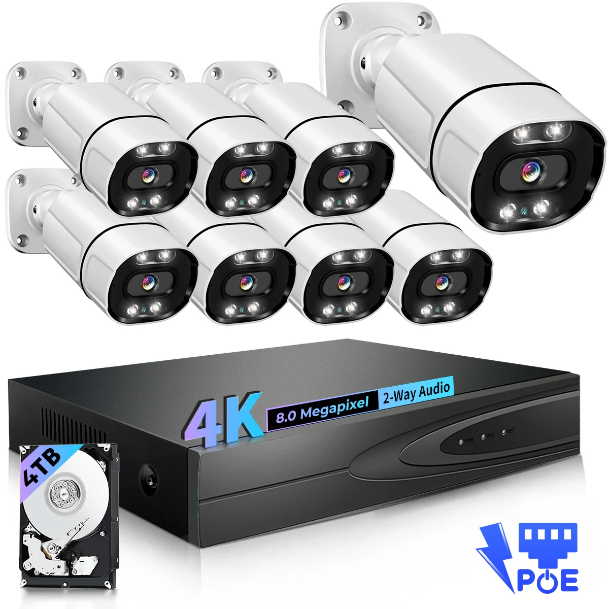 4K 8MP Wired POE Security Camera Kits 4/8Ch Network NVR Systems Star Color Night Vision 2-Way Audio Human Vehicle Detection CCTV