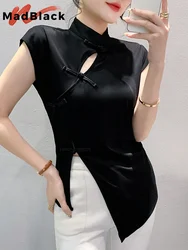 MadBlack New Chinese Style T-Shirt Women Mandarine Collar Irregular Slit Slim Tops Short Sleeves Tees Summer T43330JM