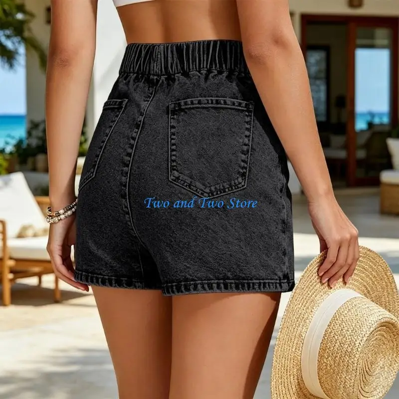 HX6F Women's Hem Shirred Washed Casual Bodycon Short Jean Skirt