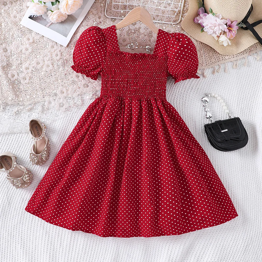 

2024 Summer New Arrival Girls Short Puff Sleeve Dot Ruffles Red Designer Cute Party Princess Dress Custume 4-9T