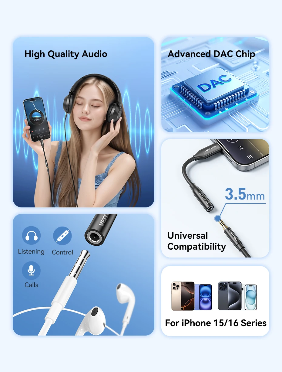 [2Pcs] Vention USB Type C to 3.5mm Jack Earphone Adapter Headphone USB C Cable Audio Adapter with DAC For iPhone 17 16 15 Xiaomi