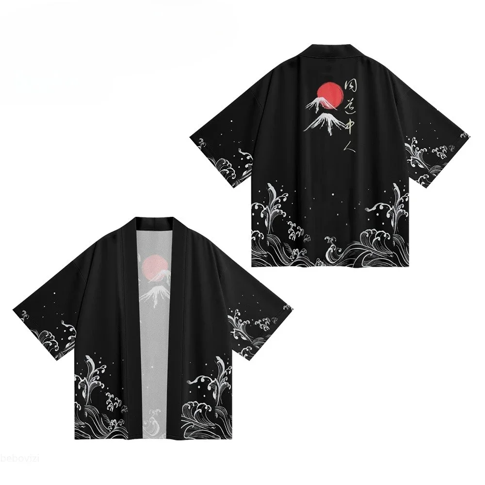 سترة الشارع الشهير للرجال والنساء Haori 2025 تصميم جديد لموجات رامين مطبوعة كيمونو يوكاتا ملابس الشاطئ اليابانية رداء حجم كبير