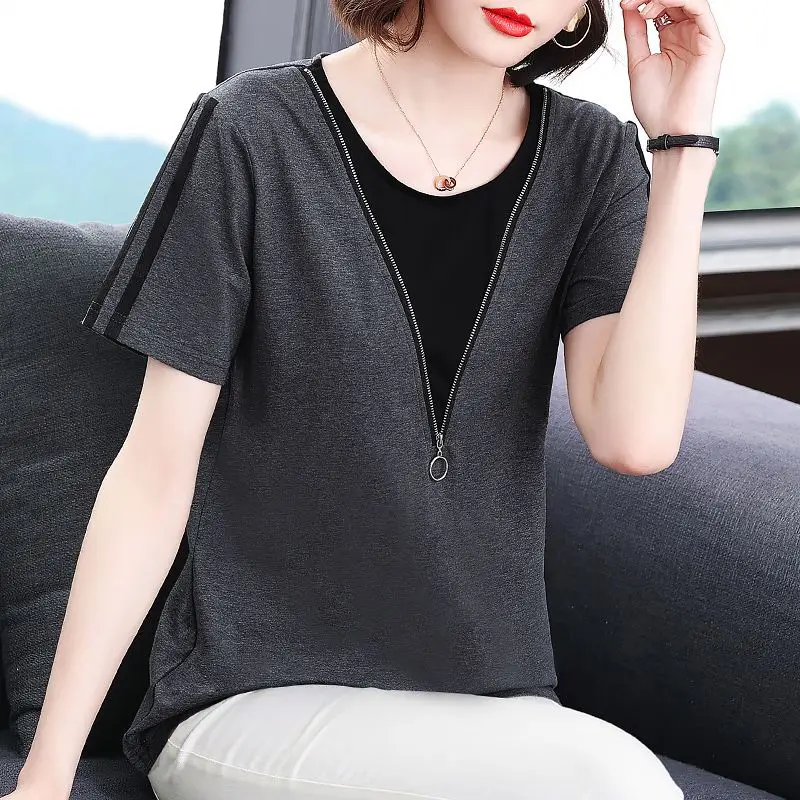 

Fake Two Pieces Short Sleeve T-shirt Fashion Patchwork Zipper Women's Clothing Casual Round Neck 2024 Summer All-match Pullovers