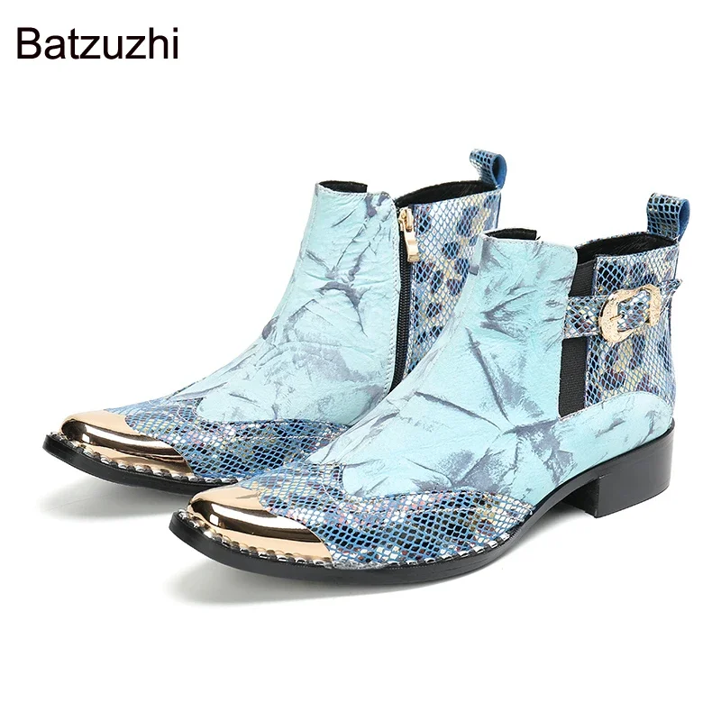 

Batzuzhi New Design Men's Boots Gold Iron Head Leather Men's Short Boots Sky Blue Business/Party/Wedding Botas, US6-US12!