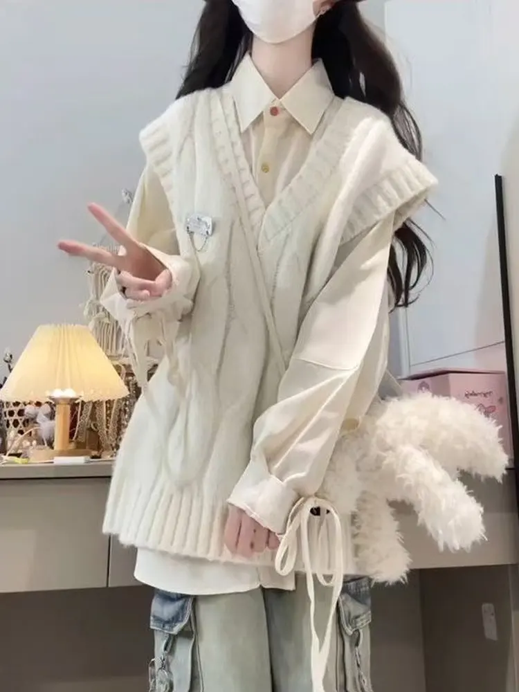 

Women's Knitted Vest Shirt Two-Piece Set Spring Casual Style Long Sleeve Collar Polyester Fabric Comfortable Fit