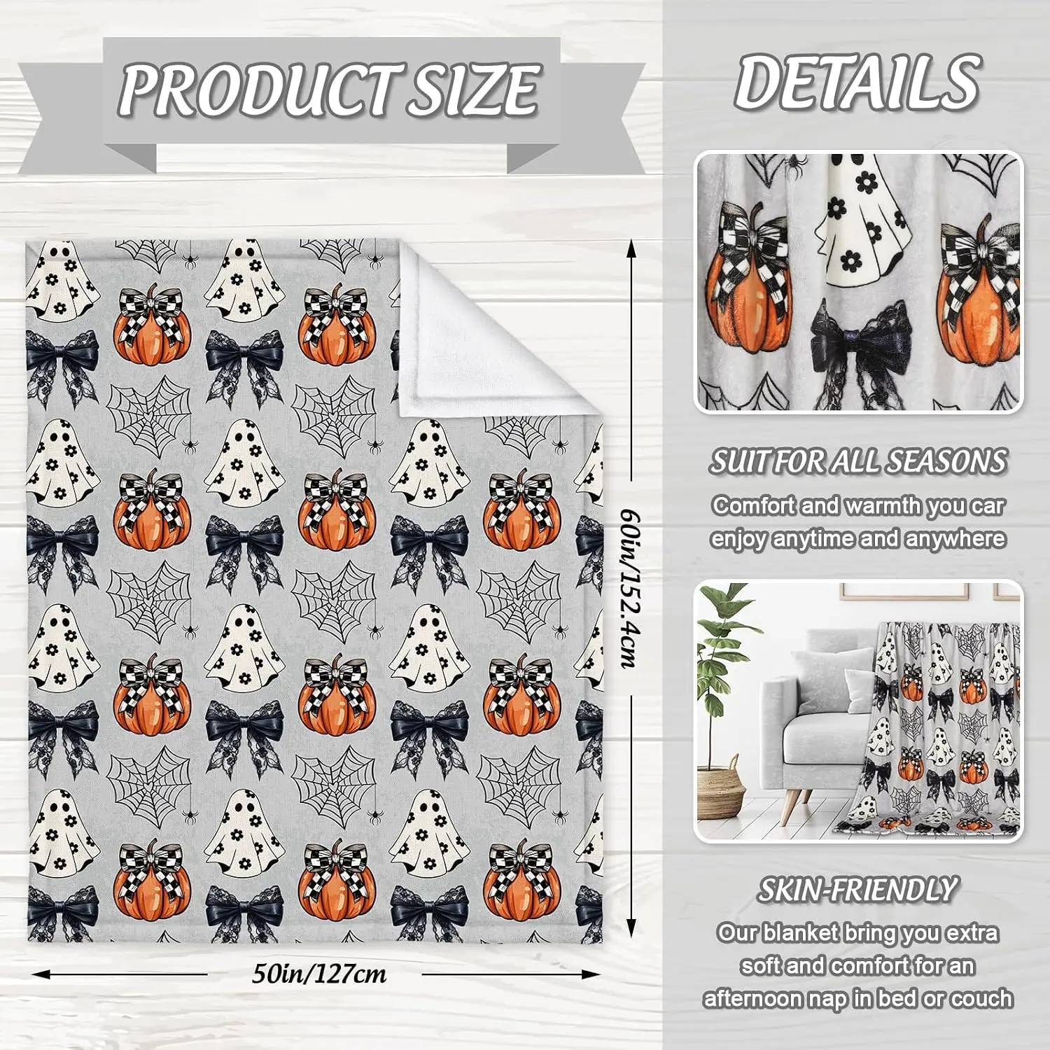 JarThenaAMCS Halloween Flannel Blanket 60 x 50 Inch Ghost Pumpkin Bow Decorative Soft Gray Throw Blanket for Home Chair Sofa Couch Bed