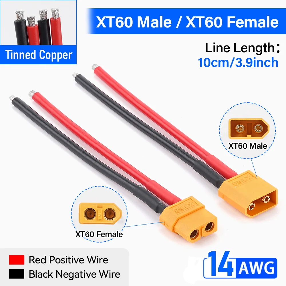 2Pcs Xt60 Battery Male, Female Battery Connector Plug with Silicon 14Awg 10Cm Wire Connector Adapters