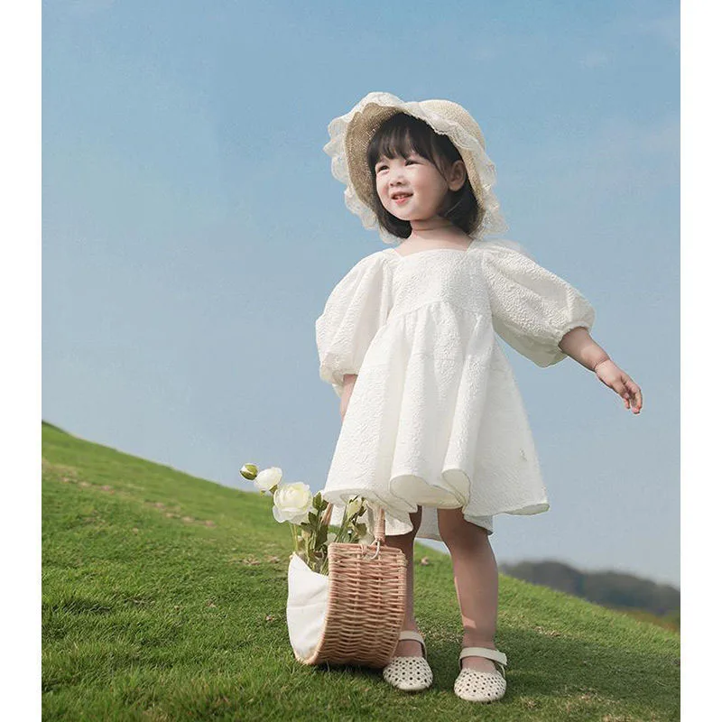 New Style Children's First Birthday Dress2025Spring Stylish Puff Sleeve Princess Dress White Fairy Children's Formal Dress Whole 6