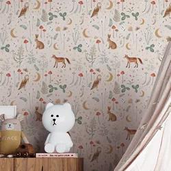 Enchanted Twilight Natural Wallpaper,Floral Flowers Animal Print Woodland Wall Paper For Trendy Playroom Nursery Feature Decor
