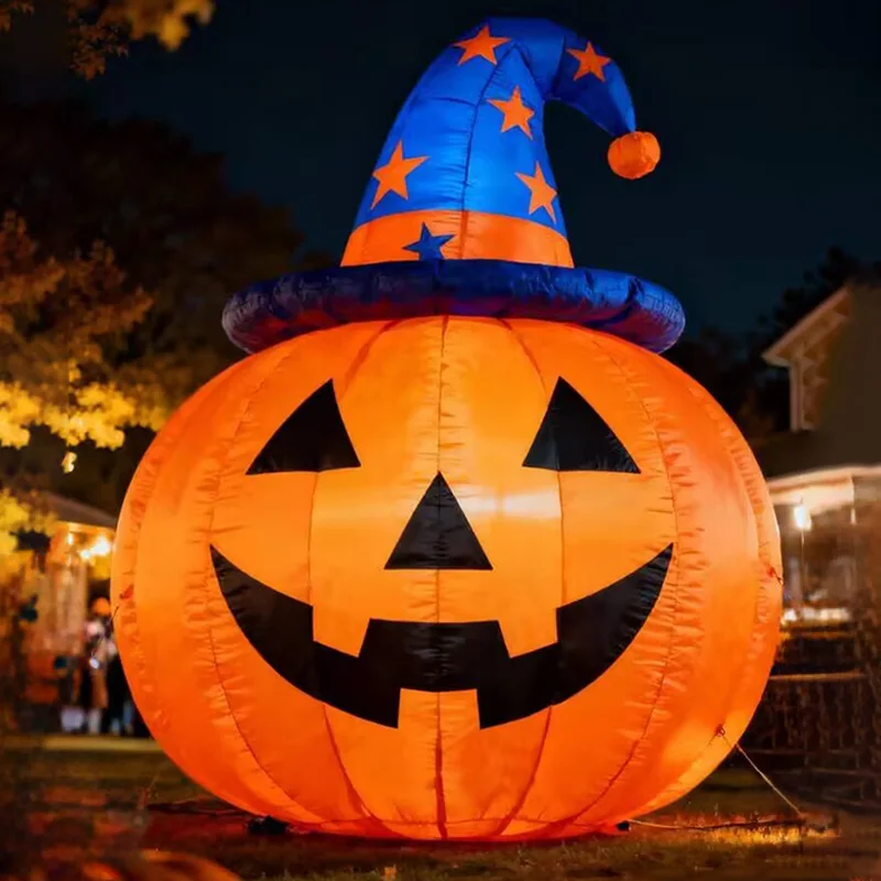 Inflatable pumpkins with blowers, decorative glowing props for outdoor square and shopping mall events on Halloween Day