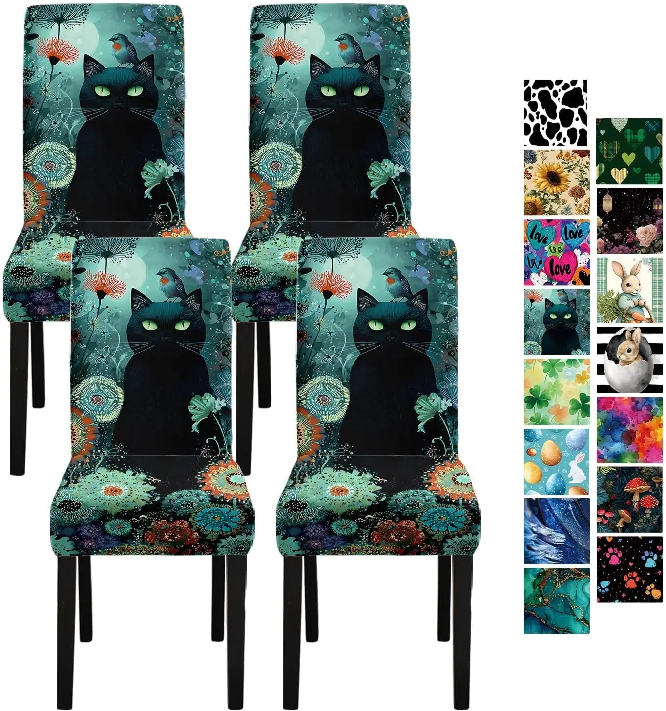 Artistic Floral Black Cat Dining Chair Cover 1Pc, Stretch Removable Slipcover Anti-dust Seat Protector for Kitchen Wedding Party