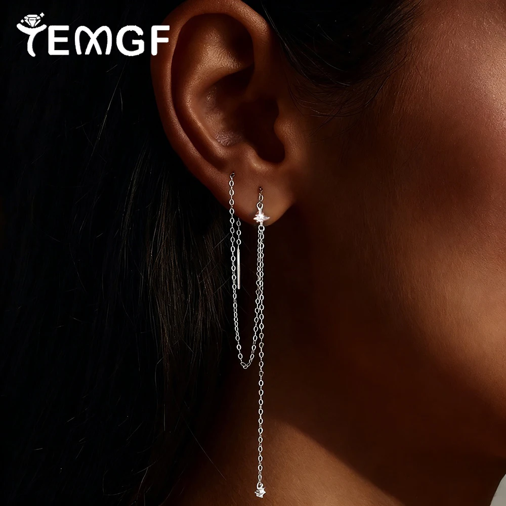 

TEMGF S925 Pure Silver Tassel Ear Line for Women 1.8mm Moissanite Simple Double Hole Long Earrings Facial Contouring Jewelry