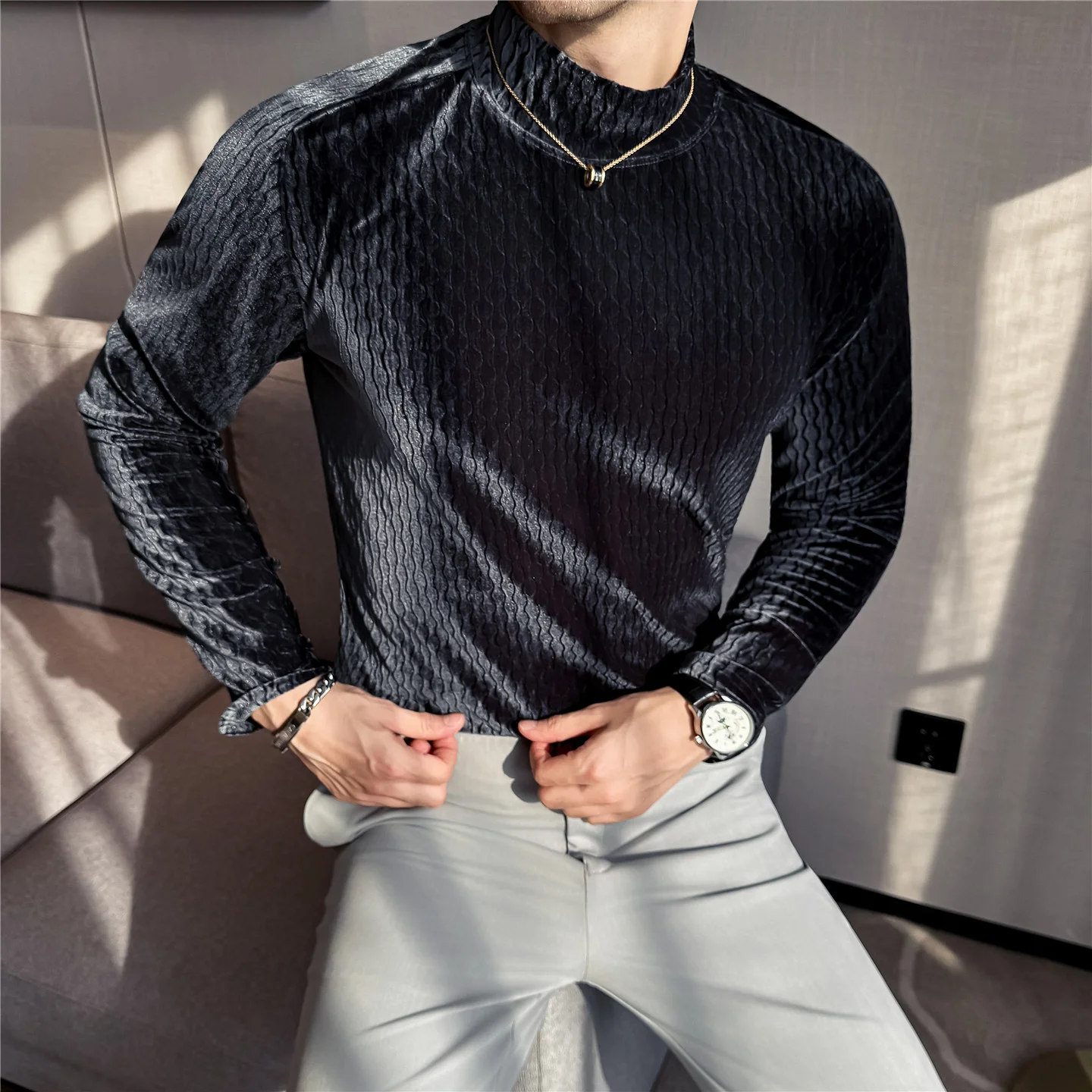 

Autumn Winter New Thickened Stripe Jacquard Velvet T-Shirt Korean Men's Half High Neck Long Sleeved Slim Fit Casual Warm T-shirt