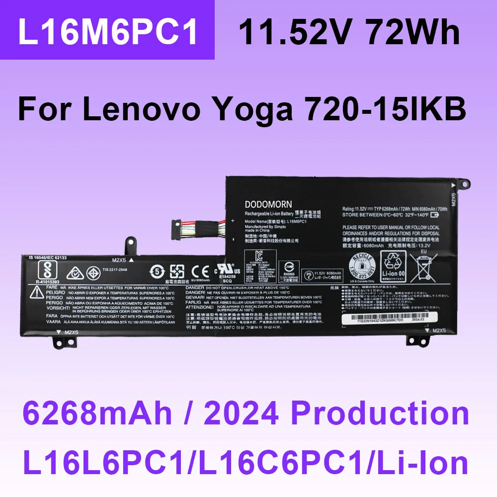 Batería L16M6PC1 para portátil Lenovo Yoga 720-15IKB 80X7 Series L16L6PC1 L16C6PC1 con número de seguimiento 6268mAh 72Wh 11,52 V