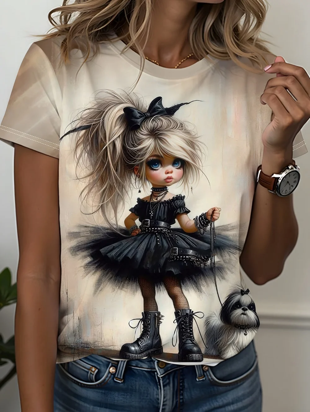 3D-gedrucktes T-Shirt mit Grafik eines kleinen Mädchens für Damen, kurze Ärmel, Sommer, lässige Streetwear, O-Ausschnitt, Tops, übergroße Damenbekleidung – Detail 7