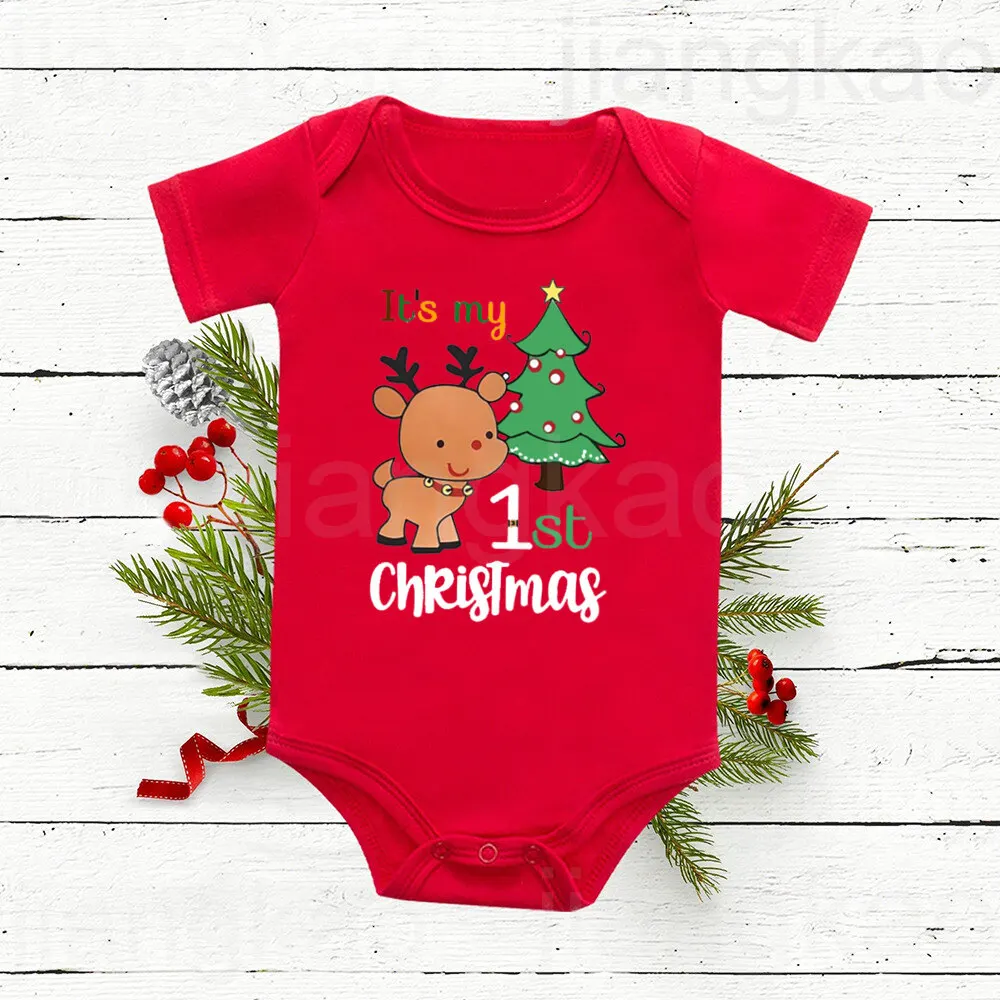 My 1st Christmas Romper Deer Printed Baby Bodysuit Baby\'s First Christmas Outfit Newborn Cotton Jumpsuit Toddler Baptism Clothes