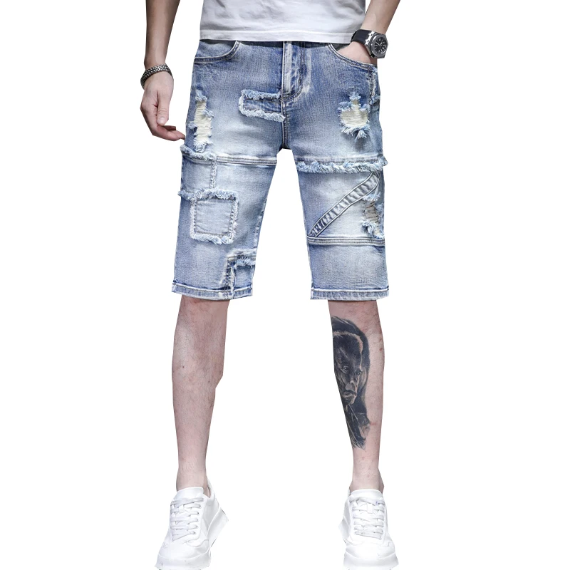 Summer New Retro Light-Colored Denim Shorts Men's Ripped High Street Fashion Brand Thin Pu Handsome Stretch Motorcycle Shorts