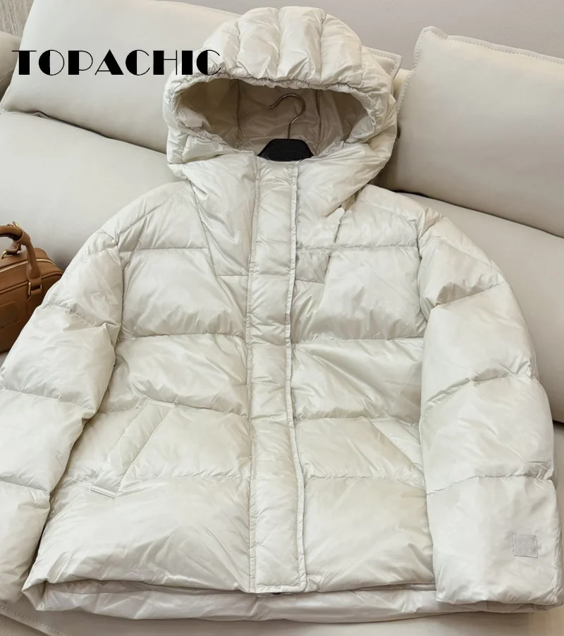 8.31 TOPACHIC-Women Fashion Goose Down Keep Warm Thick Skiing Short Outerwear Stand Collar Hooded Long Sleeve Zipper Down Coat