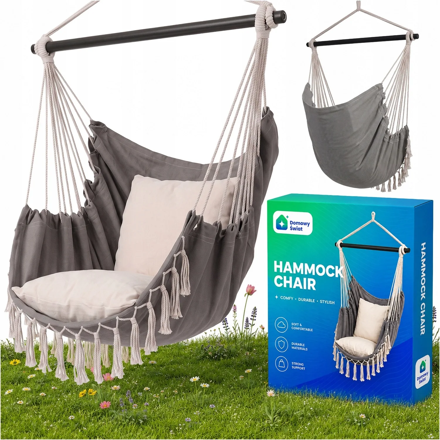 Image of Hängender Brasilianischer Schaukelstuhl für den Garten mit Kissen 100x130cm Dunkelgrau Baumwolle Polyester Hängesessel für Balkon Terrasse Patio Hinterhof Innen- und Außenbereich