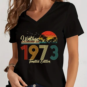 Casual Vintage T -Shirt mit weiblicher V -Neck, kurzes Hemd, Geburtstag t -Shirt, Neujahr, Sommer 1973 12 Hauptverkaufshirt 1974 - №9