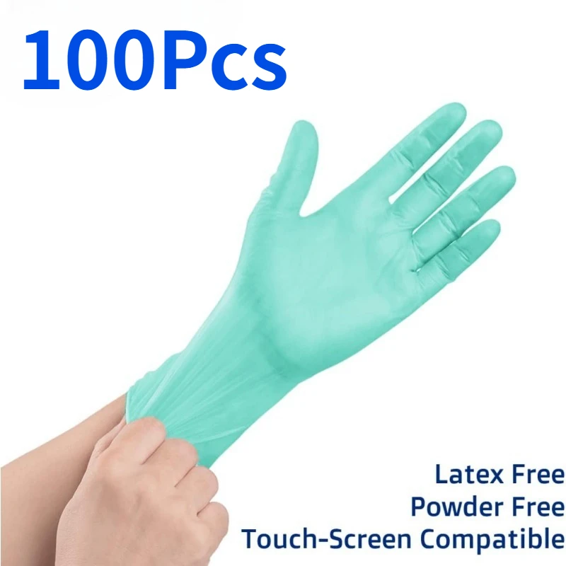

100 шт. зеленые нитриловые одноразовые перчатки без латекса, неопудренные, противоскользящие, сверхмощные, для чистки, безопасных продуктов питания, офиса