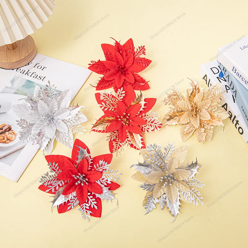 For Christmas Flowers Christmas Ornaments  Pendants  Tree Simulation Flower Gold Dust Plastic Flower Wreath