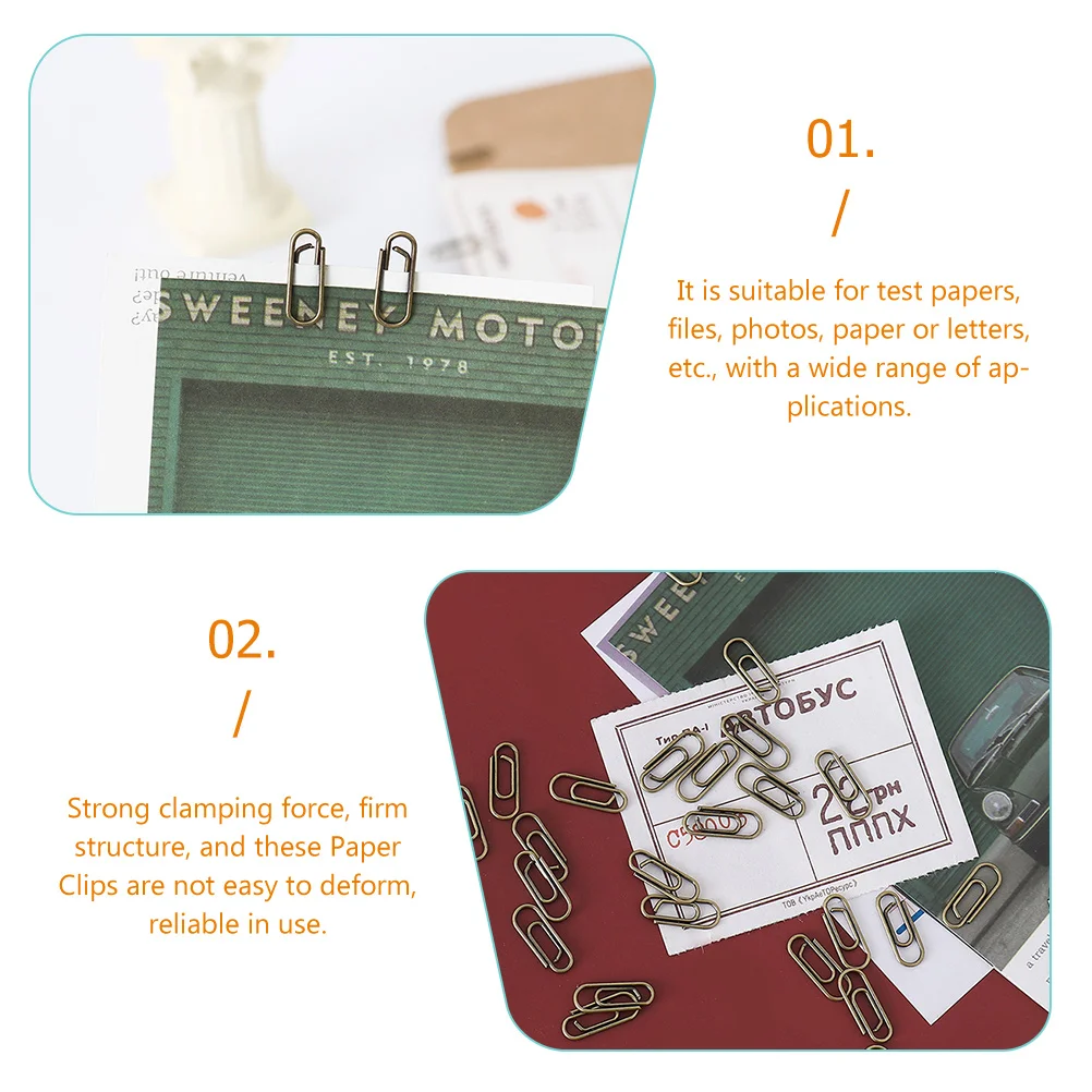 

100pcs Metal Paper Clips Vintage Copper Paper Clips Tone for Office School Documents Files Photos Letters