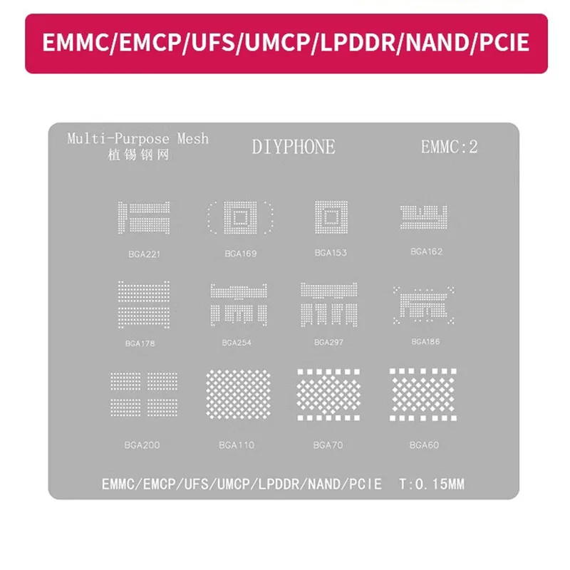 

Precise BGA Reballing Stencil for EMMC EMCP UFS UMCP LPDDR NAND PCIE BGA200 BGA153 BGA178 BGA221 Directly heating square holes