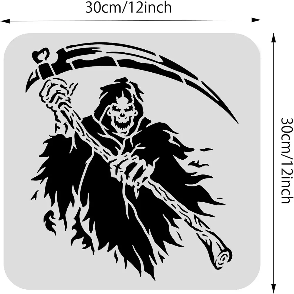 12x12inch Halloween Decoration Stencils Grim Reaper Skeleton Scythe Pattern Cutout Template for Art Spraying DIY Home Decor