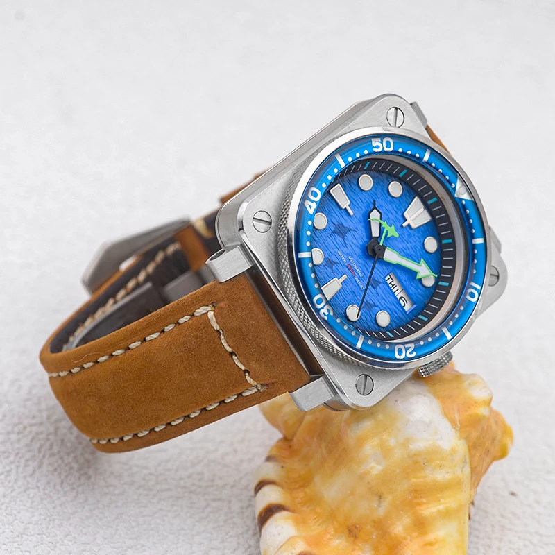 Seiko Watch Blue Dial Automatic Watch for Men Sapphire Glass Crown at 3.0 Oclock 20ATM Waterproof Transparent Bottom Back Cover