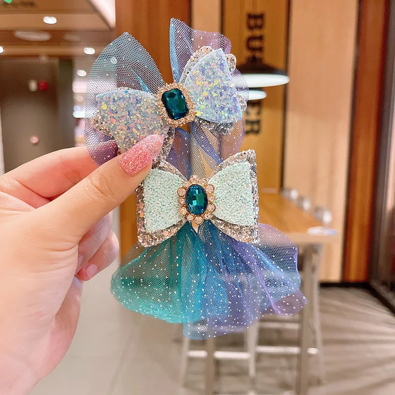 Chiffon Bow Hair Clips Girls Sweet Blue Shining Satin Bowknot Hair Clips Ribbon Bow Barrette Hairpin Grip Ponytail Clip Headwear