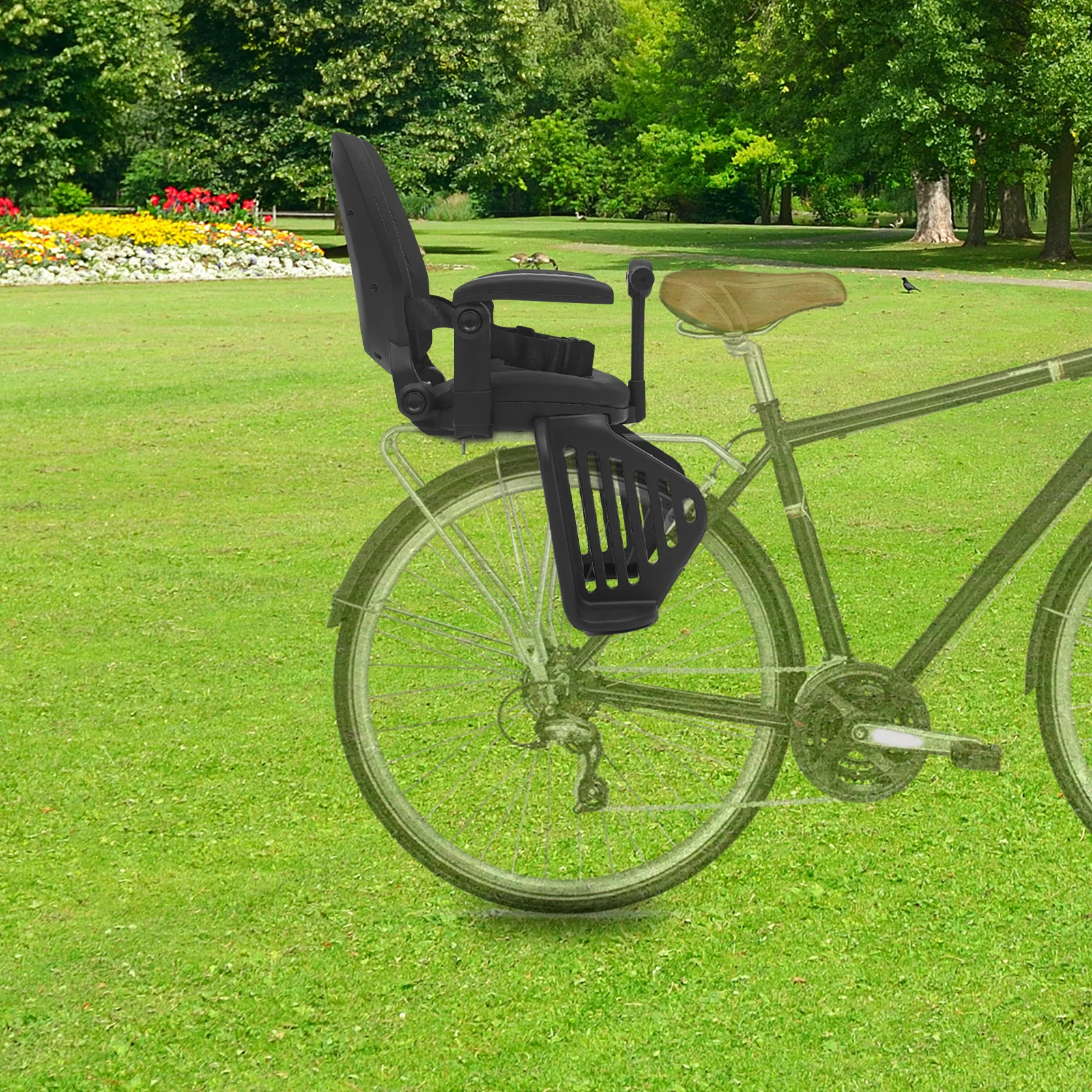 

Safe Comfortable Kids Bike Seat, Anti-Slip Front Handle+Side Armrests+Seat Belt, Footrest Baffles(Anti-Wheel Pinch)