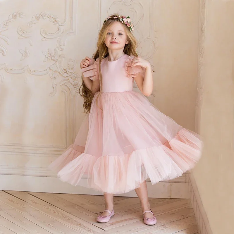 

Flower Girl Dress Children Bridemaid Wedding Dresses For Kids Pink Tulle Gowns 2023 New Girls Boutique Party Wear Elegant Frocks