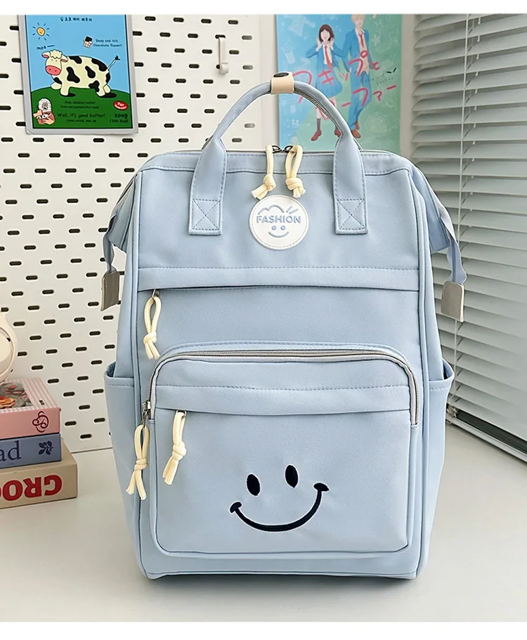 Cute Smiley Nylon Backpack Women 14 Inch Laptop School Bag Large Capacity Multi Pocket Student Daypack Travel Commute Backpack