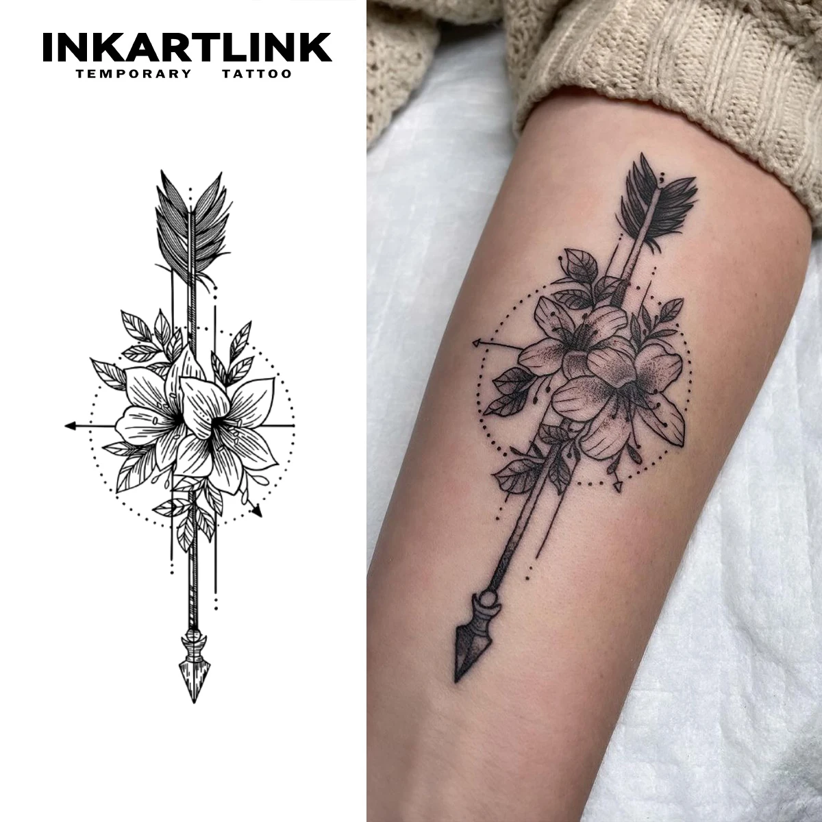 

INKARTLINK нашивка для татуировки со стрелкой и цветком, 1-2 недели, долговечная минималистичная геометрическая линия, водонепроницаемая временная татуировка