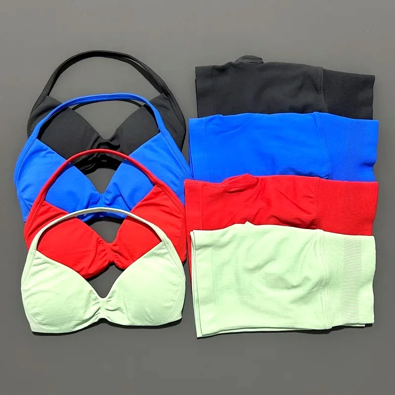 2 Piece Histello Sport Set Women Seamless Yoga Tank Bra High Waist Scrunch Bum Gym Shorts Sets Fitness Running Workout Suit