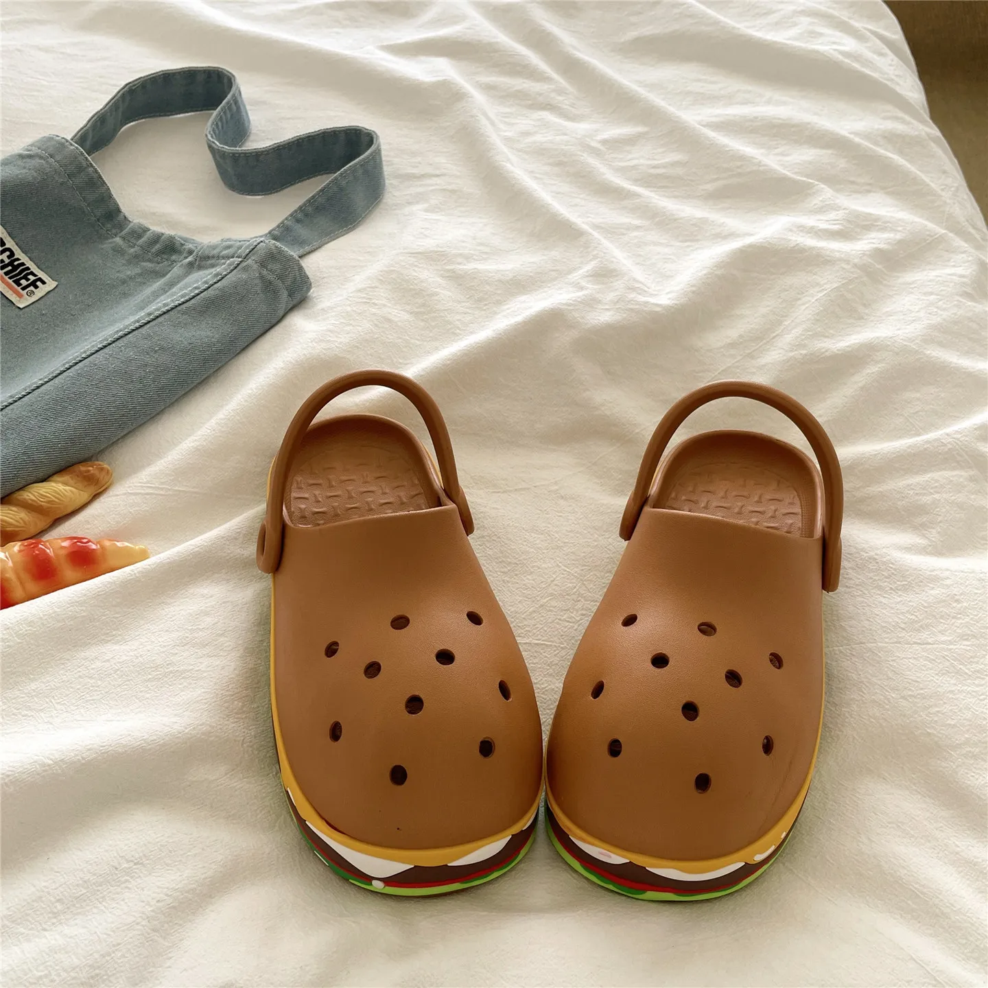 Cute Hamburger Design Women EVA Platform Sandals Adjustable Strap Non Slip Outdoor Indoor Breathable Garden Slides Cartoon Shoes