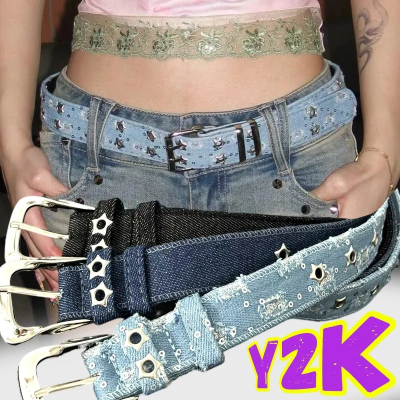 Двубортный ремень со звездами для женщин, полая двойная пряжка, джинсовая ткань в стиле панк для девочек, Y2K, роскошный винтажный синий пояс