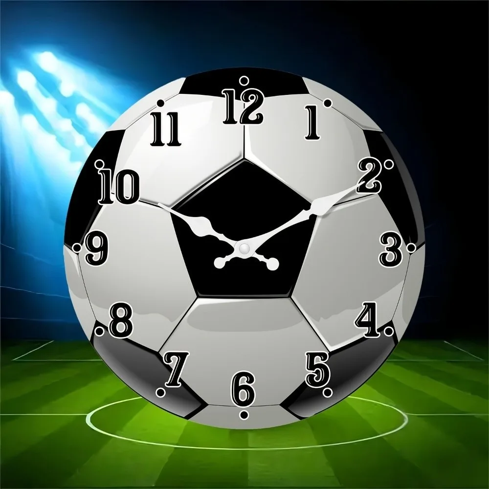 Solid Wood Round Wall Clock Silent Non-Ticking Football-Themed Wooden Clock Battery Operated Wall Decor Soccer Quartz Clock